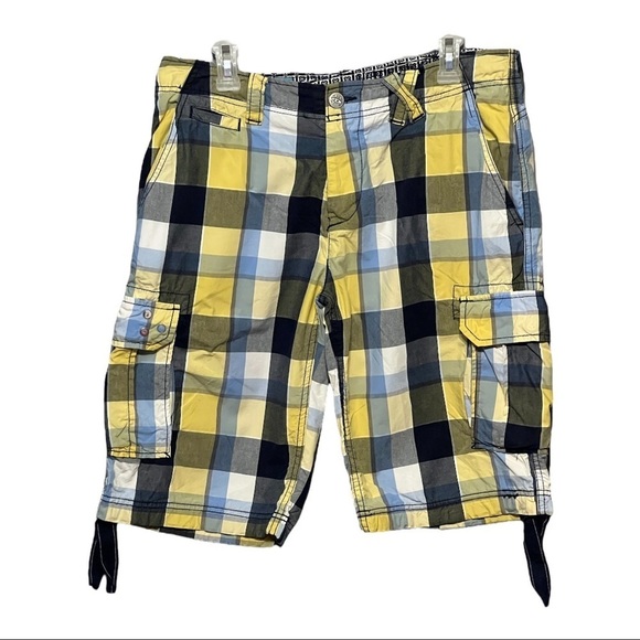 55 Stage Vintage Big Block Yellow Plaid Cotton Casual Cargo Utility Shorts Large - Picture 1 of 12